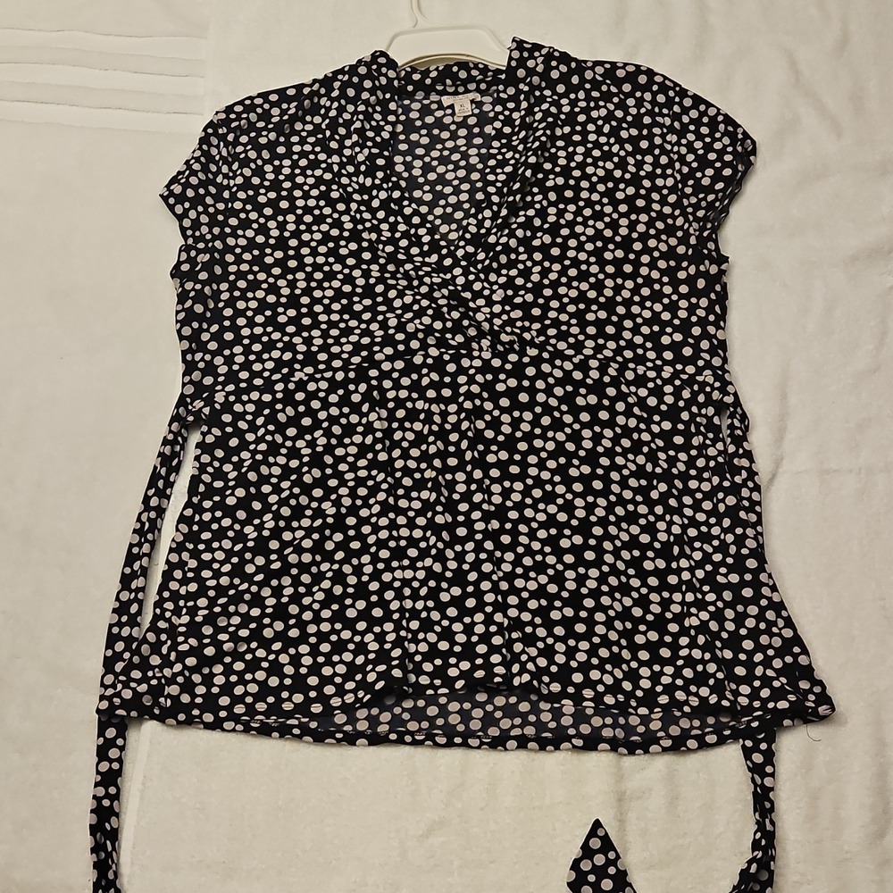 Nine West Black White Knit V-Neck Short Sleeve Polka Dot Tie Top Size XL